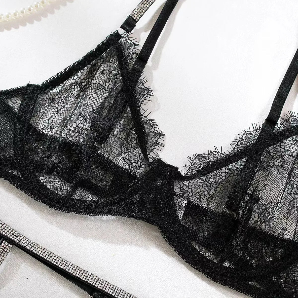 4 Pieces Western Lace Trim Fix Rhinestone See Through Belt Thong Bra