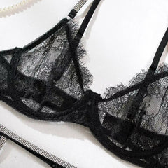 4 Pieces Western Lace Trim Fix Rhinestone See Through Belt Thong Bra