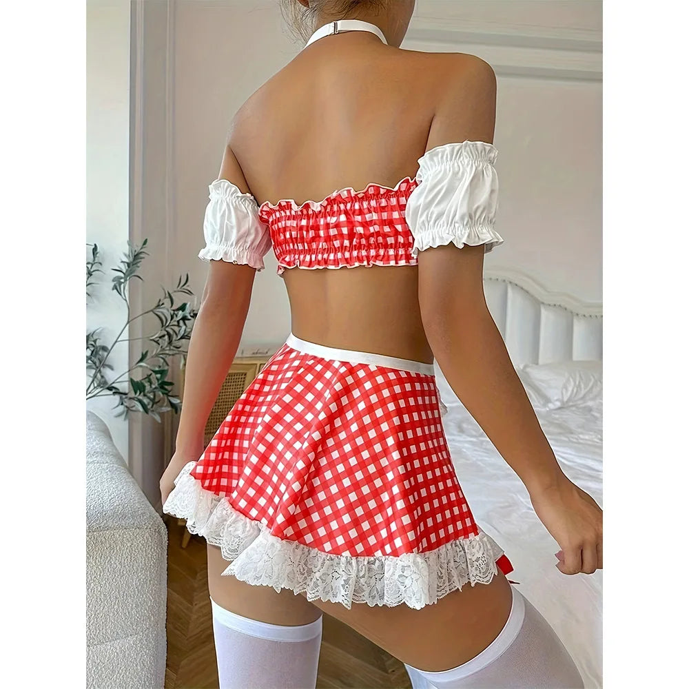 4 Pieces Western Style Summer Black Color Maid Uniform Cosplay Lingerie Outfit Set