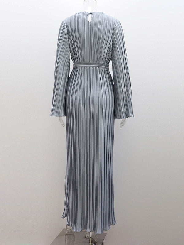 Pleated Solid Color Flared Sleeves Long Sleeves Round-Neck Maxi Dresses
