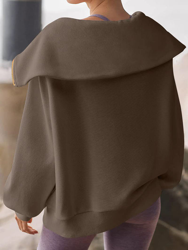 Solid Color Zipper Long Sleeves Loose Lapel Sweatshirt Tops