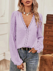 Elasticity Embroidered Solid Color Split-Joint Flared Sleeves Long Sleeves V-neck T-Shirts Tops