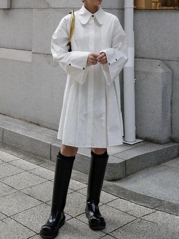 Buttoned Pleated Solid Color Long Sleeves Lapel Shirt Dress Midi Dresses