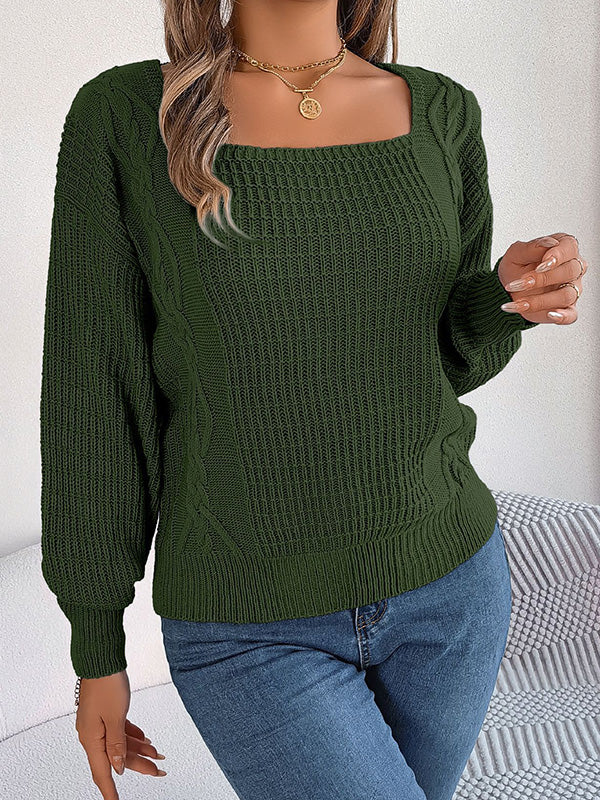 Solid Color Long Sleeves Loose Square-Neck Sweater Tops Pullovers