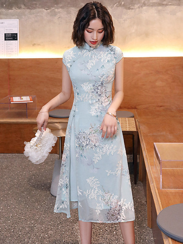 Original Applique Stand Collar Long Cheongsams
