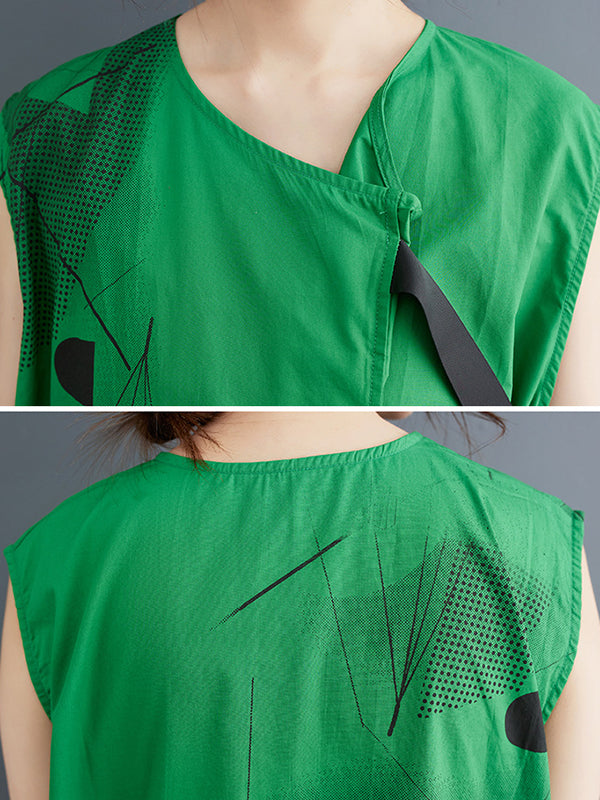 Printed Loose Sleeveless Round-neck Midi Dresses