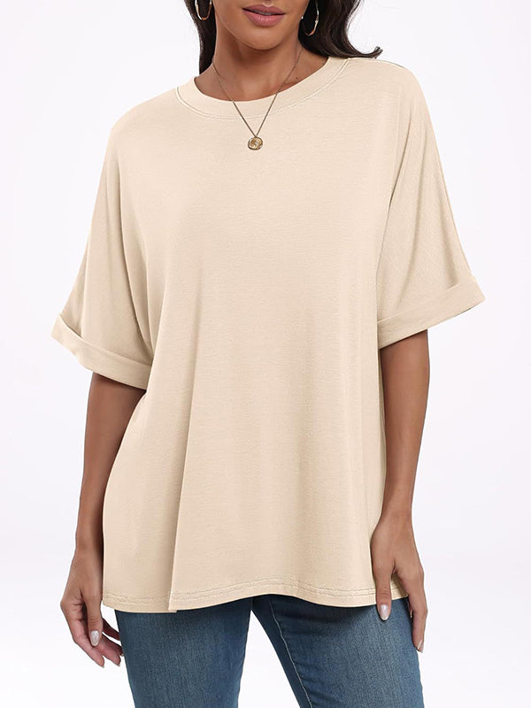 Solid Color Split-Joint Raglan Sleeve Round-Neck T-Shirts
