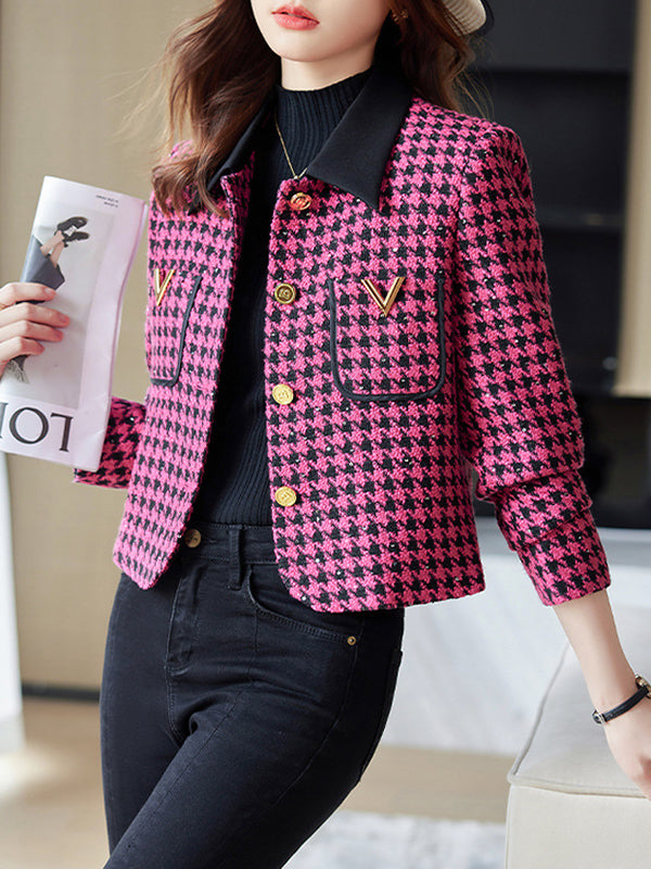 Buttoned Houndstooth Pockets Split-Joint Long Sleeves Plus Size Lapel Outerwear