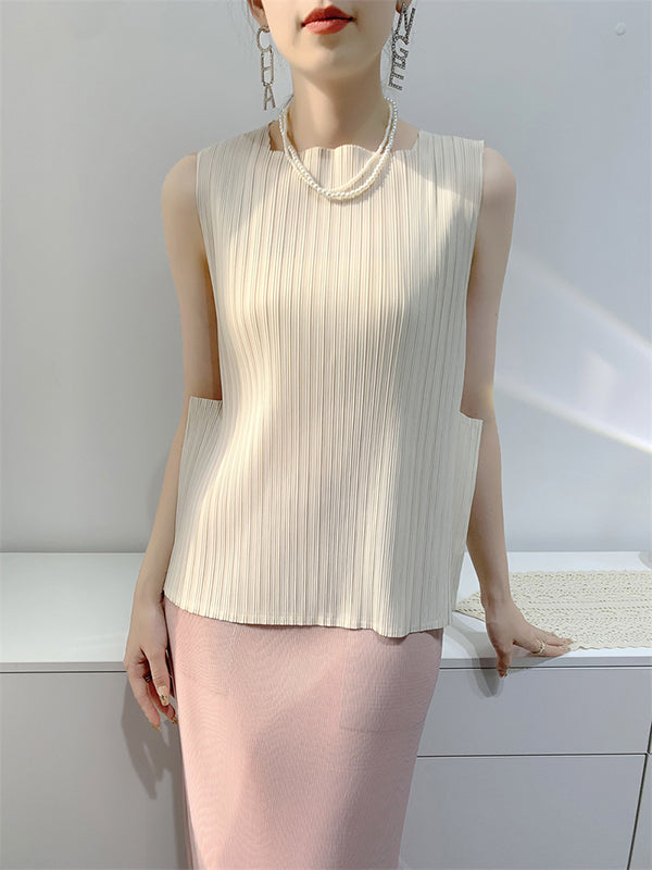 Pleated Solid Color Split-Joint Loose Sleeveless Square-Neck Vest Top