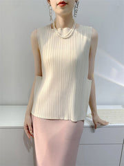 Pleated Solid Color Split-Joint Loose Sleeveless Square-Neck Vest Top