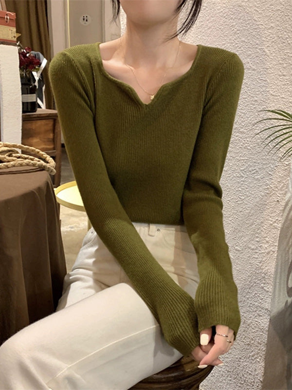Colorful Solid Color Long Sleeves Skinny V-neck Sweater Tops Pullovers Knitwear