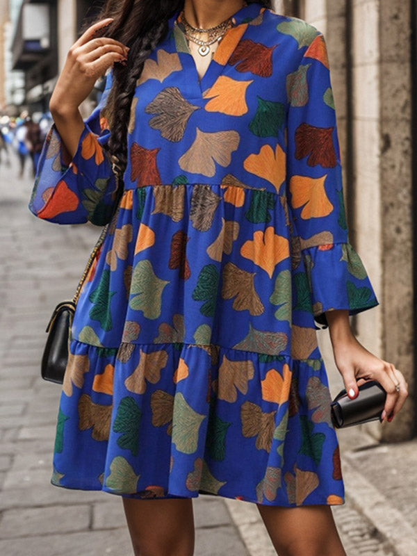 Leaves Print Pleated Split-Joint A-Line Flared Sleeves V-Neck Mini Dresses