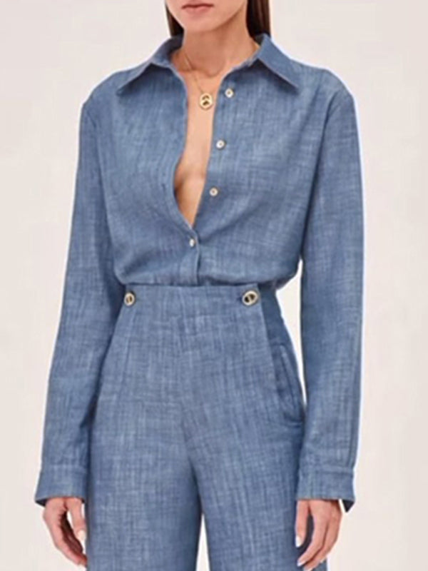 Long Sleeves Solid Color Split-Joint Lapel Blouses&Shirts Tops