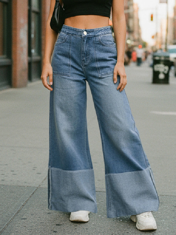 Contrast Color Pockets High Waisted Wide Leg Jean Pants Bottoms