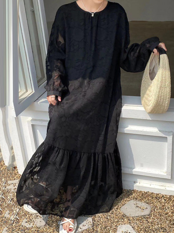 Flower Print Pleated Solid Color Split-Joint Tied Waist Long Sleeves Loose Round-Neck Maxi Dresses