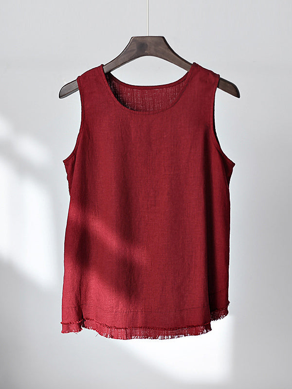 Fringed Solid Color Loose Sleeveless Round-Neck Vest Top