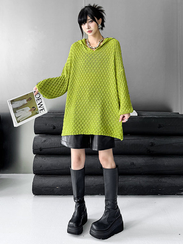 Hollow Solid Color Long Sleeves Loose Hooded Sweater Tops