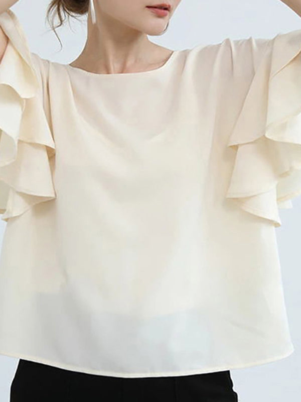 Solid Color Flying Sleeves Loose Round-neck Blouses&shirts Tops