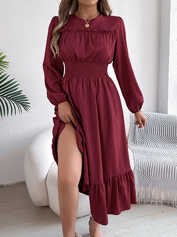 Pleated Solid Color A-Line Elasticated Waist Round-Neck Maxi Dresses