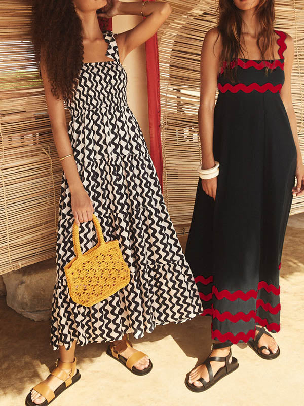 A-line High Waisted Contrast Color Zipper Square-neck Maxi Dresses Midi Dresses