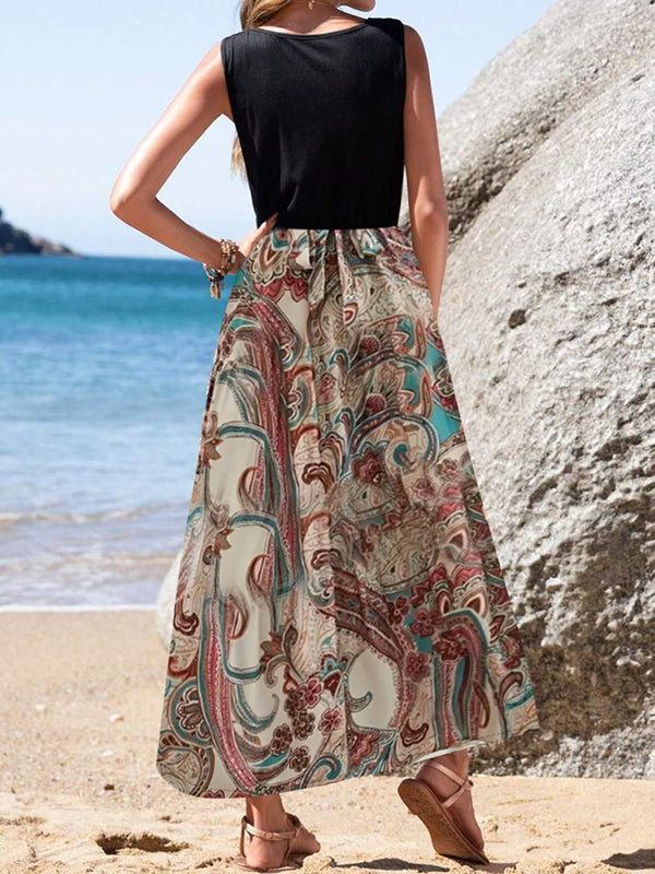 Printed Split-Joint A-Line Loose Round-Neck Maxi Dresses