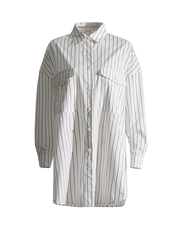 Buttoned Pockets Striped Long Sleeves Loose Lapel Blouses&shirts Tops