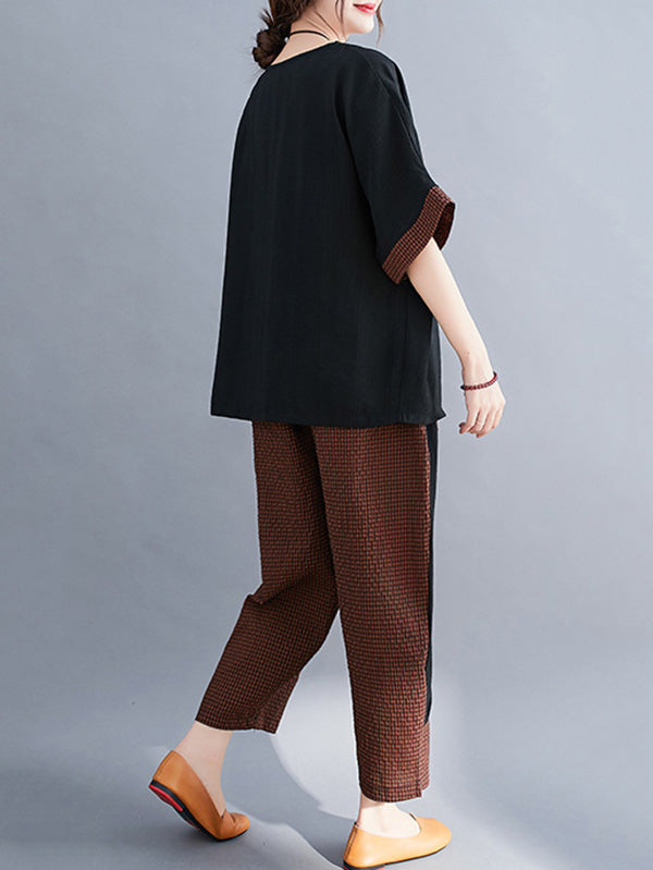 Plaid Split-Joint Asymmetric T-Shirt&Pants Suits