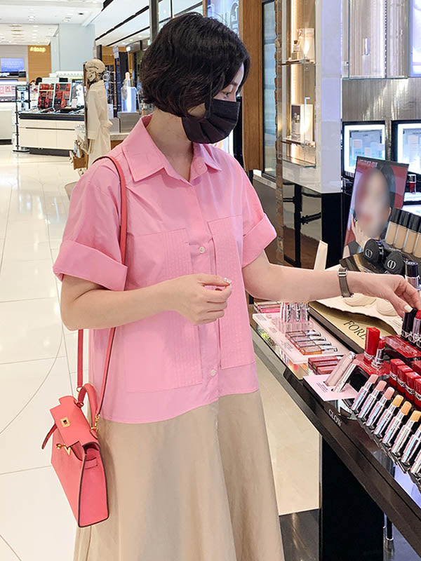 Split-Joint Lapel Buttoned Short Sleeves Midi Dress