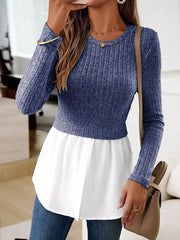 Buttoned Split-Joint Long Sleeves Loose Round-neck Knit Top