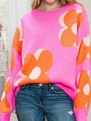 Knitted Flower Long Sleeves Loose Round-Neck Sweater Tops Pullovers