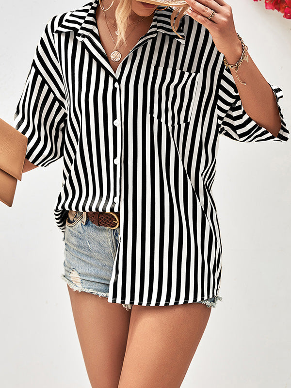 Buttoned Striped Half Sleeves Loose Notched Collar Blouses&Shirts Tops