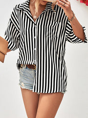 Buttoned Striped Half Sleeves Loose Notched Collar Blouses&Shirts Tops