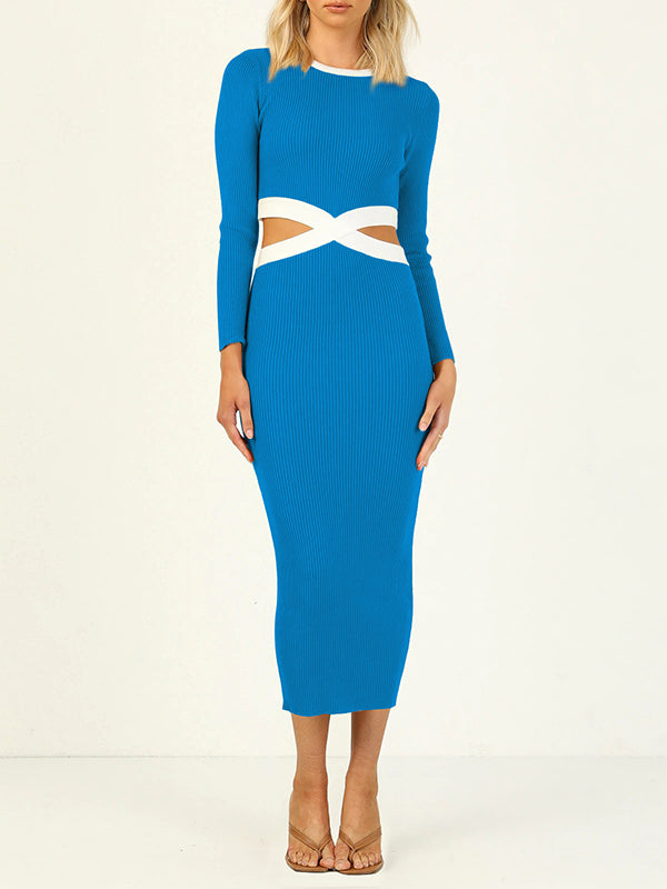 Hollow High Waisted Long Sleeves Round-Neck Midi Dresses