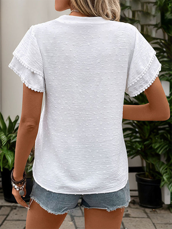 Buttoned Double Layered Jacquard Solid Color Split-Joint Loose Short Sleeves V-Neck Blouses&Shirts Tops