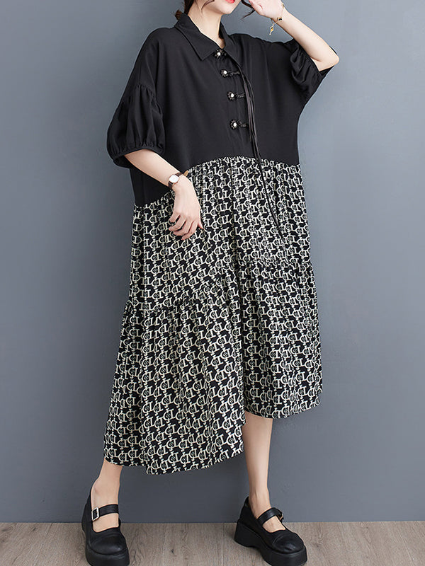 Knot Printed Split-Joint Loose Lapel Midi Dresses