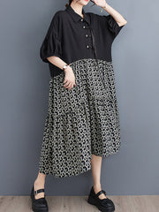 Knot Printed Split-Joint Loose Lapel Midi Dresses