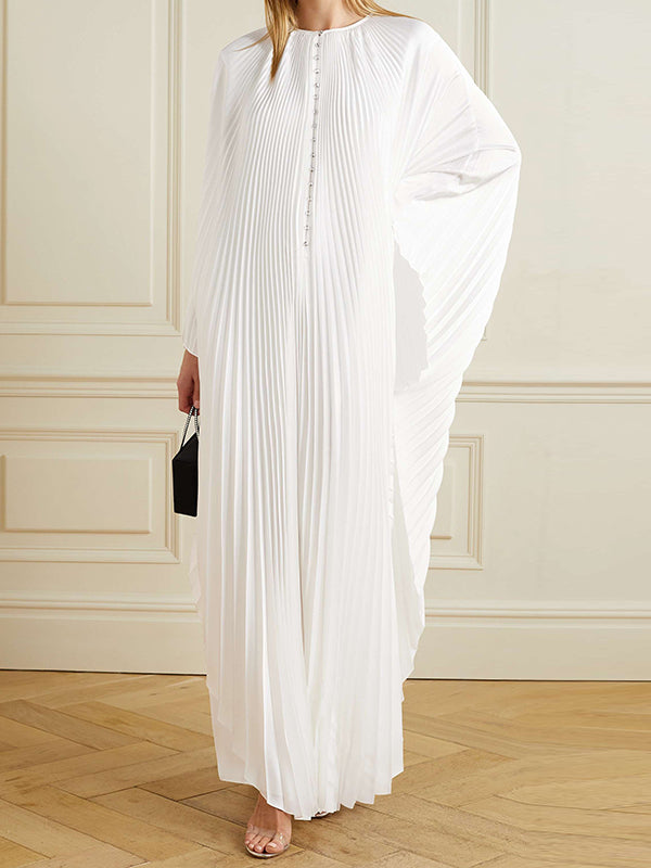 Batwing Sleeves Loose Pleated Solid Color Round-Neck Maxi Dresses