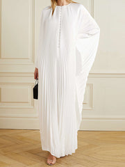 Batwing Sleeves Loose Pleated Solid Color Round-Neck Maxi Dresses