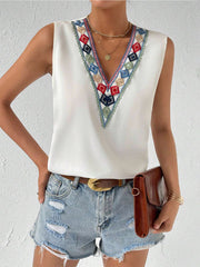 Embroidered Split-Joint Loose Sleeveless V-Neck Vest Top