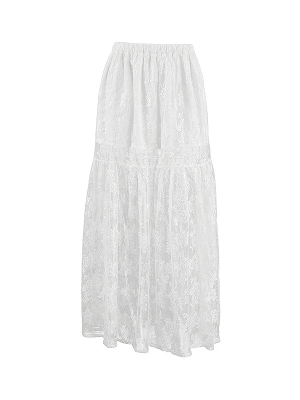 Elasticity See-Through Split-Joint A-Line Loose Skirts Bottoms