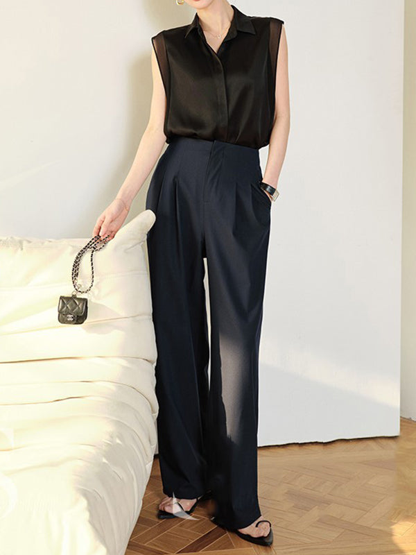 Buttoned Solid Color Split-Joint Loose Sleeveless Lapel Blouses&Shirts Tops