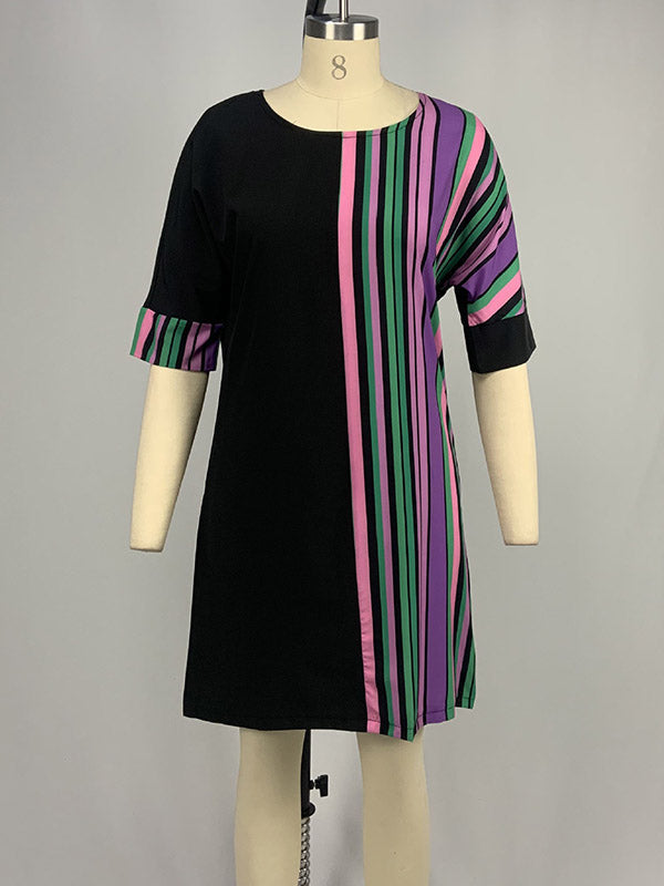Asymmetric Contrast Color Striped A-line Half Sleeves Round-neck Mini Dresses