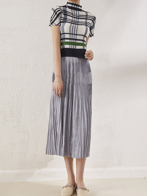 Contrast Color Pleated Short Sleeves Mock Neck T-Shirts Tops