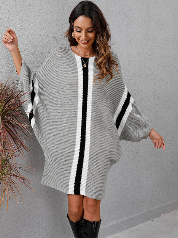 Original Loose 4 Colors Striped Round-Neck Batwing Long Sleeves Sweater Dress
