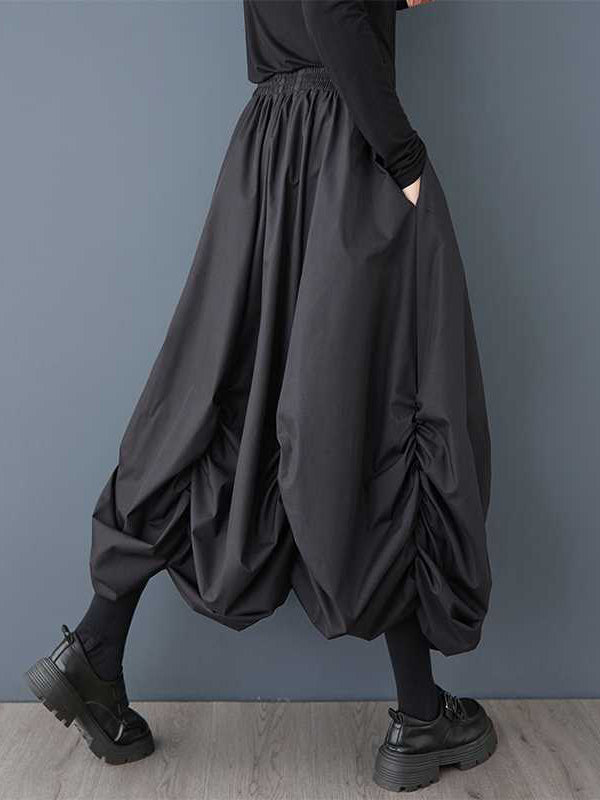Elasticity Pleated Pockets Solid Color Loose Wide Leg Ninth Pants Culotte