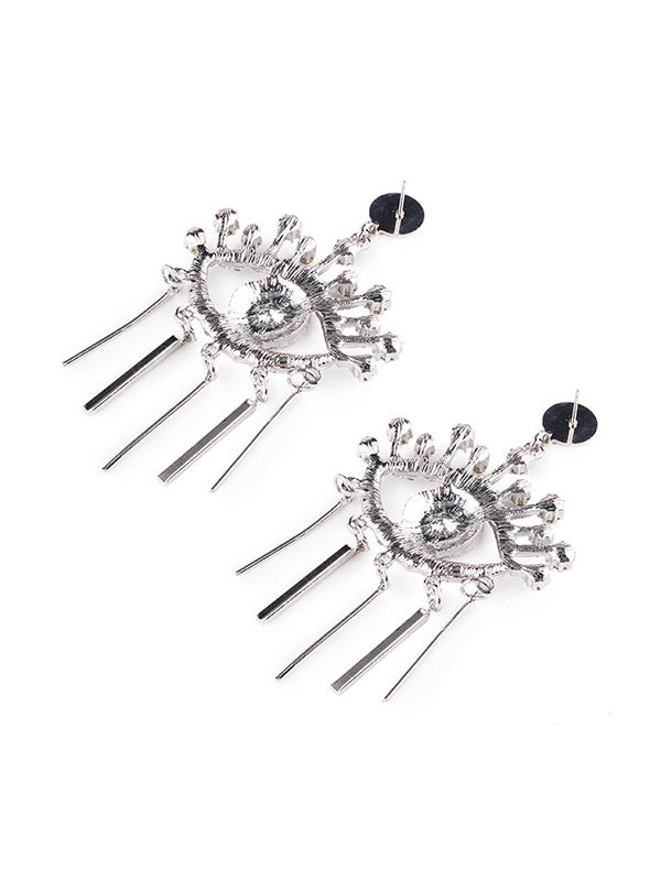 Eye Shape Rhine Stones Tasseled Drop Earrings