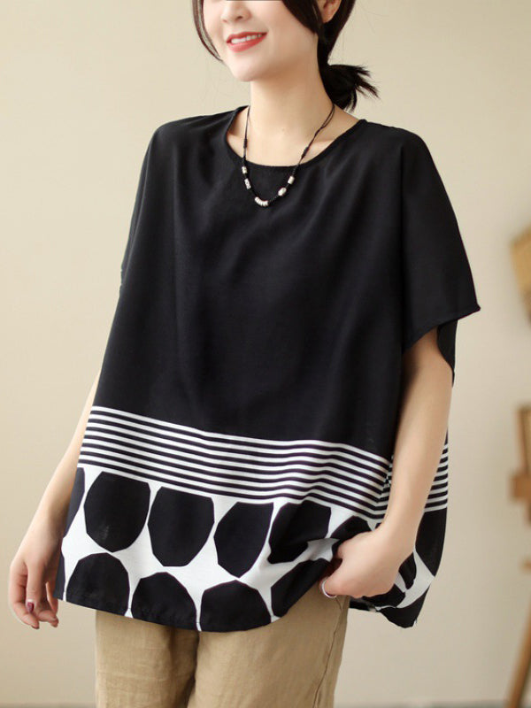 Polka Dot Split-Joint Striped Loose Short Sleeves Round-Neck T-Shirts Tops