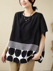 Polka Dot Split-Joint Striped Loose Short Sleeves Round-Neck T-Shirts Tops