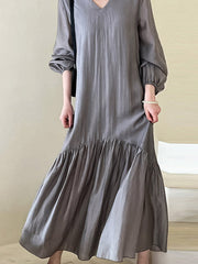Elasticity Pleated Solid Color Split-Joint Zipper High Waisted Long Sleeves V-Neck Midi Dresses