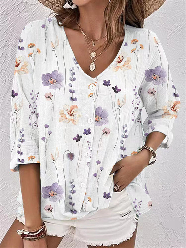 Buttoned Flower Print Long Sleeves Loose V-neck Blouses&shirts Tops